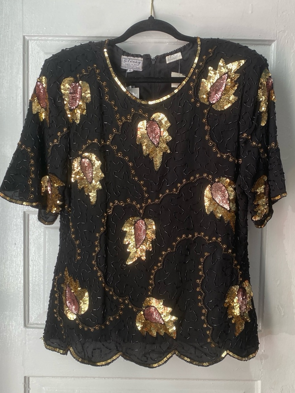 Vintage Black Sequin Silk Short Sleeve Blouse
